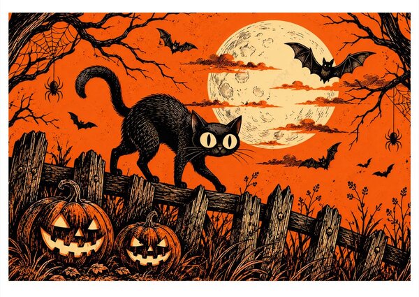 Quadro su tela – Gatto nero sotto la luna