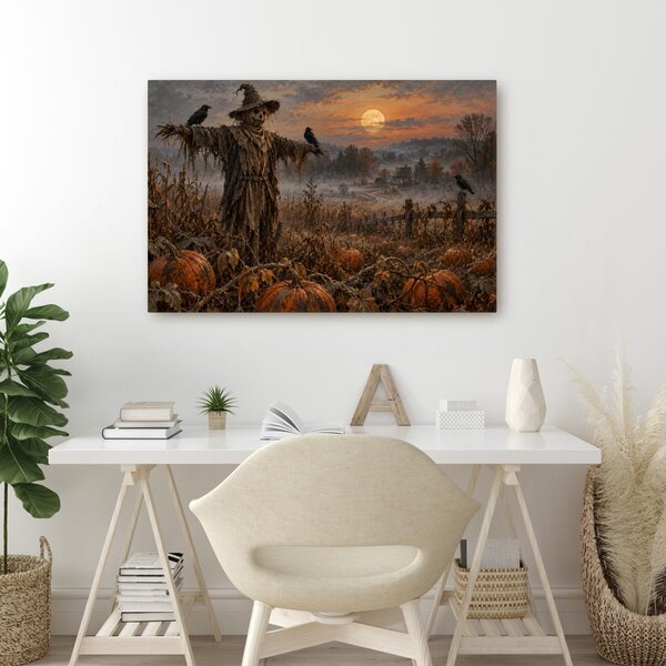 Quadro su tela – Spaventapasseri nel campo di zucche