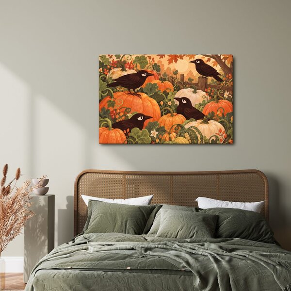 Quadro su tela – Corvi tra le zucche autunnali