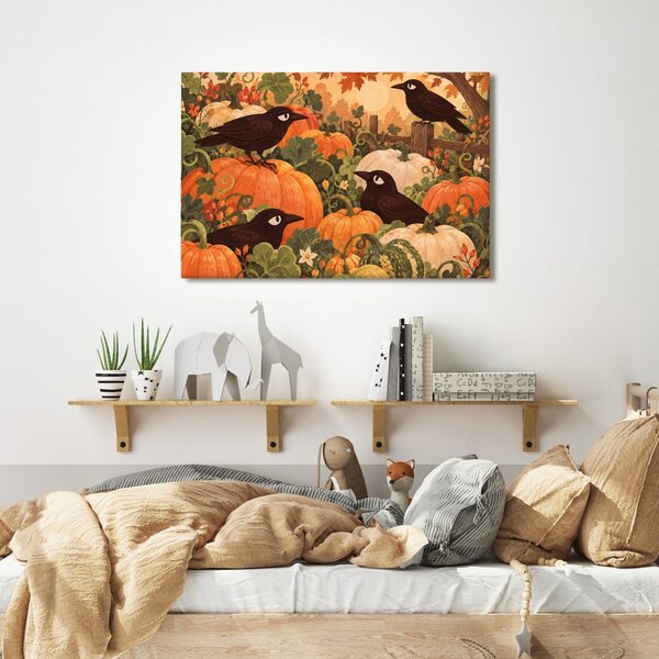 Quadro su tela – Corvi tra le zucche autunnali