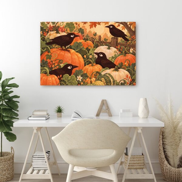 Quadro su tela – Corvi tra le zucche autunnali