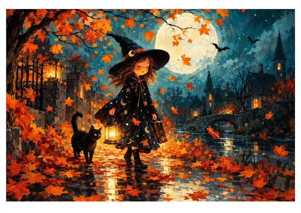 Quadro su tela – Piccola strega nella notte autunnale