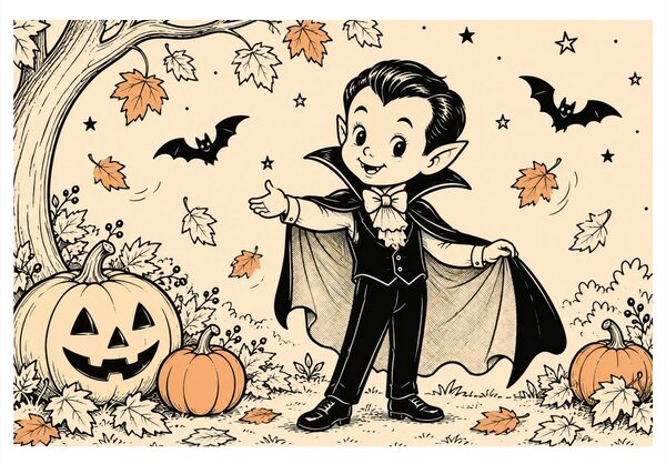 Quadro su tela – Piccolo vampiro con zucche