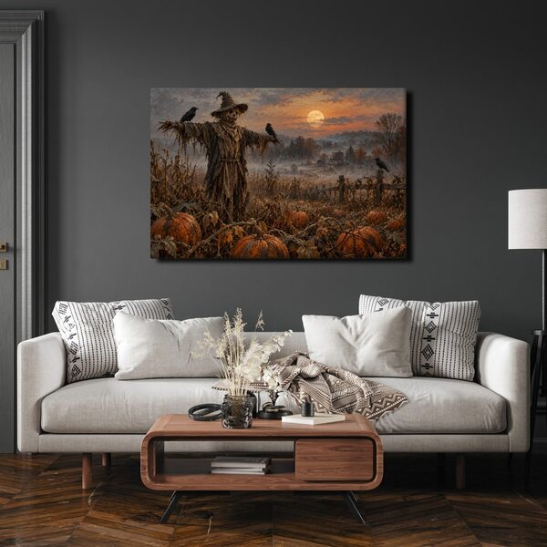 Quadro su tela – Spaventapasseri nel campo di zucche