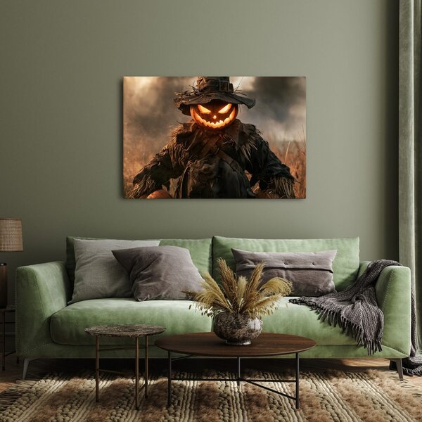 Quadro su tela – Spaventapasseri di zucca inquietante al crepuscolo