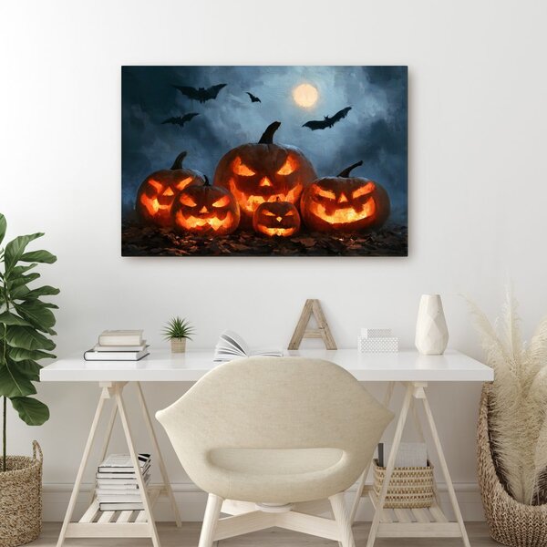 Quadro su tela – Zucche di Halloween sotto i pipistrelli