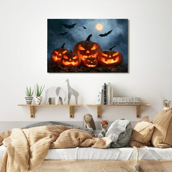 Quadro su tela – Zucche di Halloween sotto i pipistrelli
