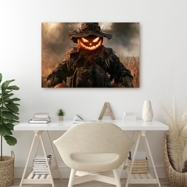 Quadro su tela – Spaventapasseri di zucca inquietante al crepuscolo