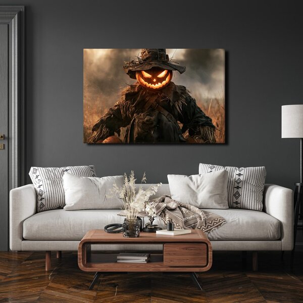 Quadro su tela – Spaventapasseri di zucca inquietante al crepuscolo