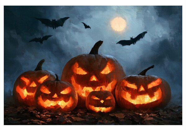Quadro su tela – Zucche di Halloween sotto i pipistrelli