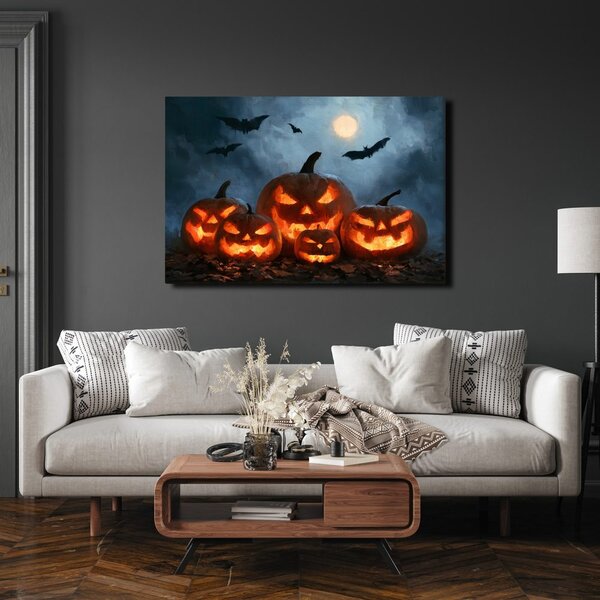 Quadro su tela – Zucche di Halloween sotto i pipistrelli