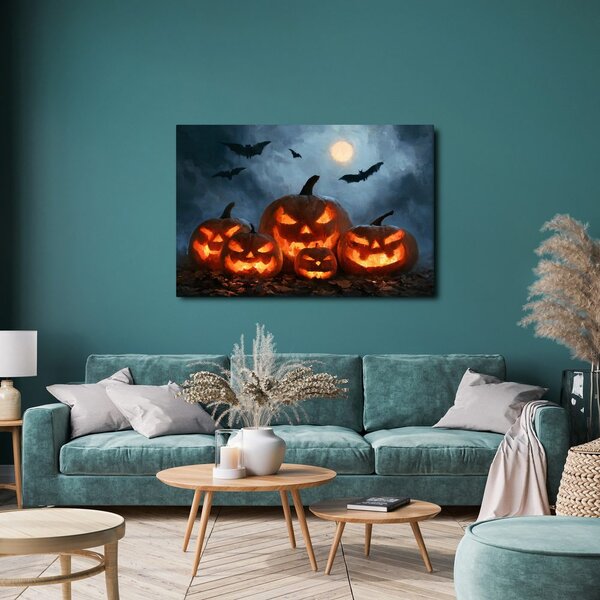Quadro su tela – Zucche di Halloween sotto i pipistrelli