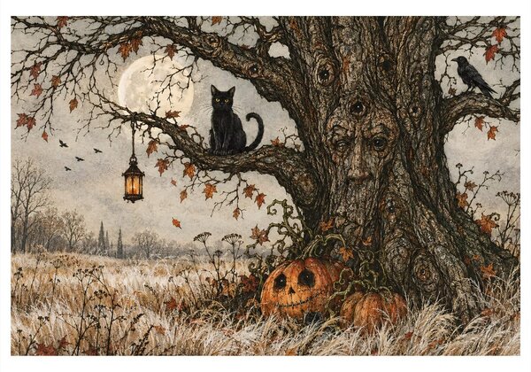 Quadro su tela – Albero della vita con gatto nero