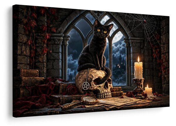 Quadro su tela – Gatto nero sul teschio