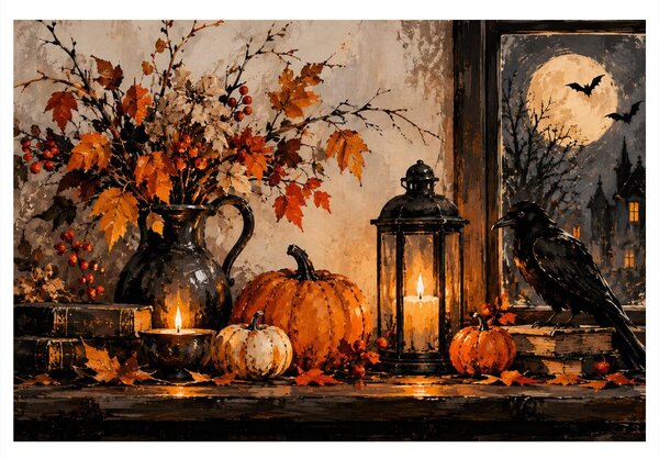 Quadro su tela – Natura morta autunnale con corvo