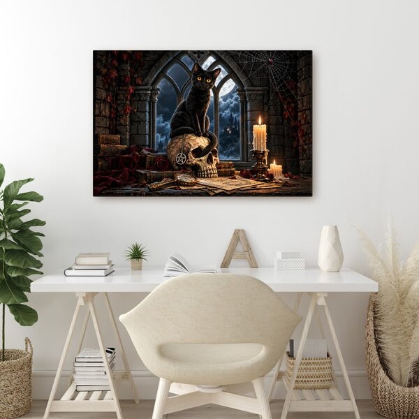 Quadro su tela – Gatto nero sul teschio