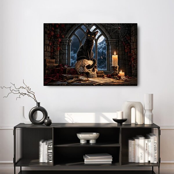 Quadro su tela – Gatto nero sul teschio
