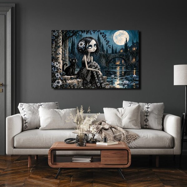Quadro su tela – Ragazza gotica con gatto nero