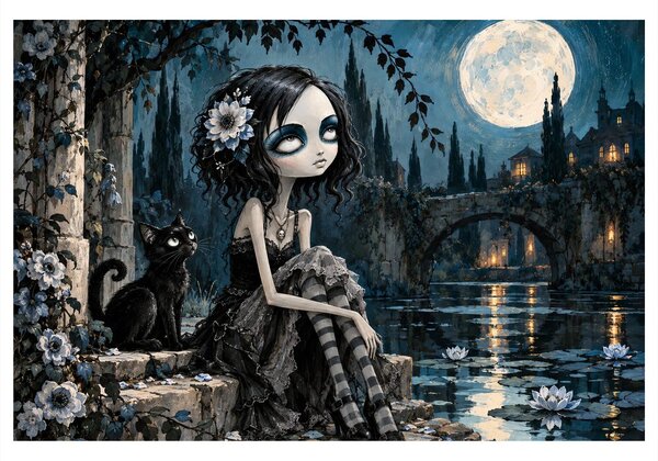 Quadro su tela – Ragazza gotica con gatto nero
