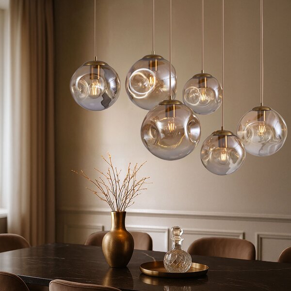Lampada a sospensione Art Déco ottone con rosone ovale e vetro ambrato 6 luci - Douglass