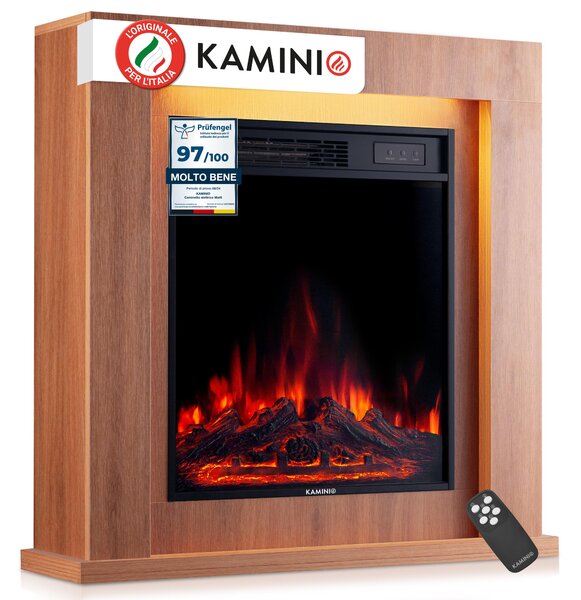 KAMINIO Camino elettrico MATTI - Camino elettrico da terra con riscaldamento, effetto fiamma 3D, luce d'atmosfera a LED, telecomando - 32 pollici, rovere