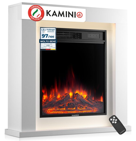 KAMINIO Camino elettrico MATTI - Camino elettrico da pavimento con riscaldamento, effetto fiamma 3D, luce ambientale a LED, telecomando - 32 pollici, bianco