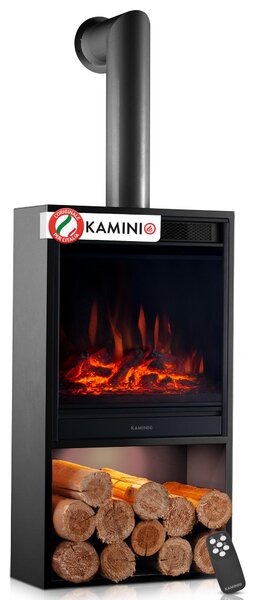 KAMINIO Camino elettrico HUGO con tubo di scarico - Camino elettrico con riscaldamento, effetto fiamma 3D, luce d'atmosfera a LED, vano legna, telecomando - Nero