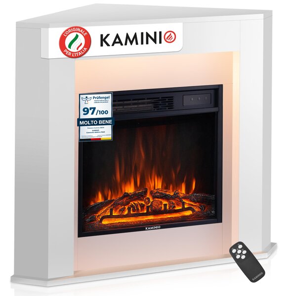 KAMINIO Camino elettrico MATTI - Camino elettrico angolare con riscaldamento, effetto fiamma 3D, luce d'atmosfera a LED, telecomando - angolare, bianco