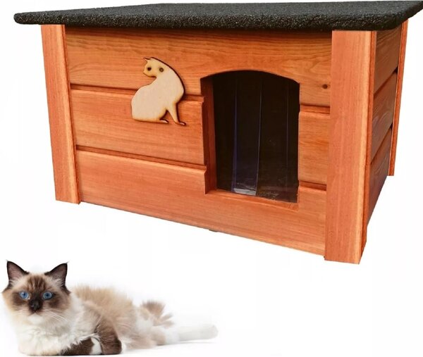QLS Casetta per gatti in legno 60x44 cm isolata in teak resistente all'inverno montata all'aperto 10993