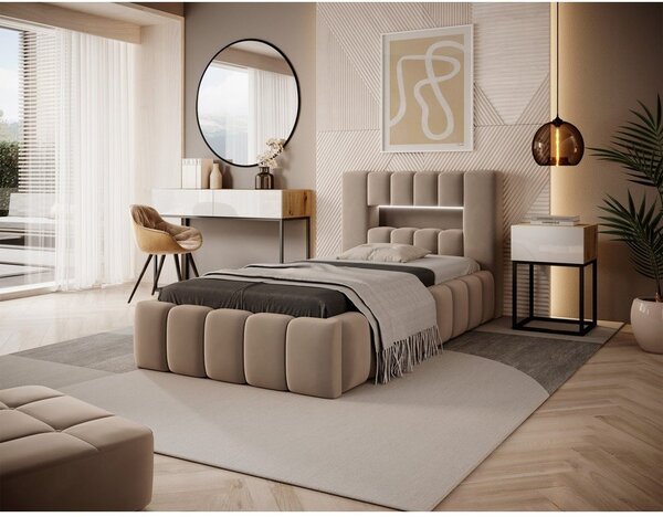 Letto singolo imbottito marrone chiaro con contenitore con rete inclusa 90x200 cm Lamica – ELTAP