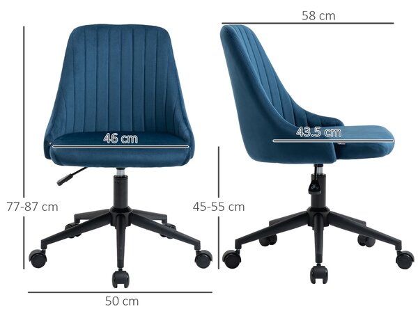 Vinsetto Sedia da Ufficio con Rotelle Girevole Ergonomica, Altezza Regolabile, in Tessuto Effetto Velluto, Blu | Aosom