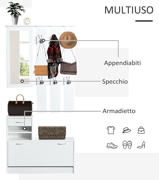 HOMCOM Appendiabiti 5 In 1 Con Scarpiera E Panca: Design Industriale Grigio, 10 Ganci, Pannello A Griglia Per Ingresso E Corridoio