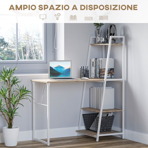 HOMCOM Scrivania con Libreria, 3 Ripiani, Scrivania Pieghevole con Ampio Pianoin Legno, Telaio in Metallo, Bianco e Rovere, 106x48x128cm|Aosom