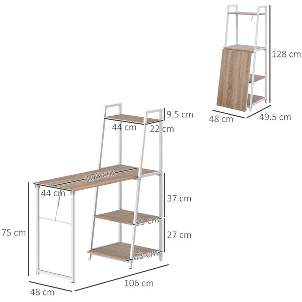 HOMCOM Scrivania con Libreria, 3 Ripiani, Scrivania Pieghevole con Ampio Pianoin Legno, Telaio in Metallo, Bianco e Rovere, 106x48x128cm|Aosom
