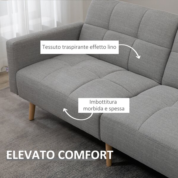 HOMCOM Divano Letto Clic Clac 2 Posti Reclinabile in Tessuto Traspirante Effetto Lino, Divano Letto Matrimoniale, 205x95x80 cm, Grigio|Aosom
