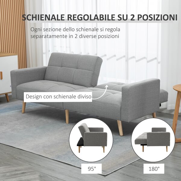 HOMCOM Divano Letto Clic Clac 2 Posti Reclinabile in Tessuto Traspirante Effetto Lino, Divano Letto Matrimoniale, 205x95x80 cm, Grigio|Aosom