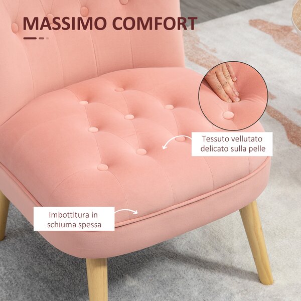 HOMCOM Sedia Moderna per Soggiorno, Camera da Letto e Sala da Pranzo con Seduta Imbottita, Gambe in Legno e Tessuto Vellutato, 60x66x79 cm, Rosa