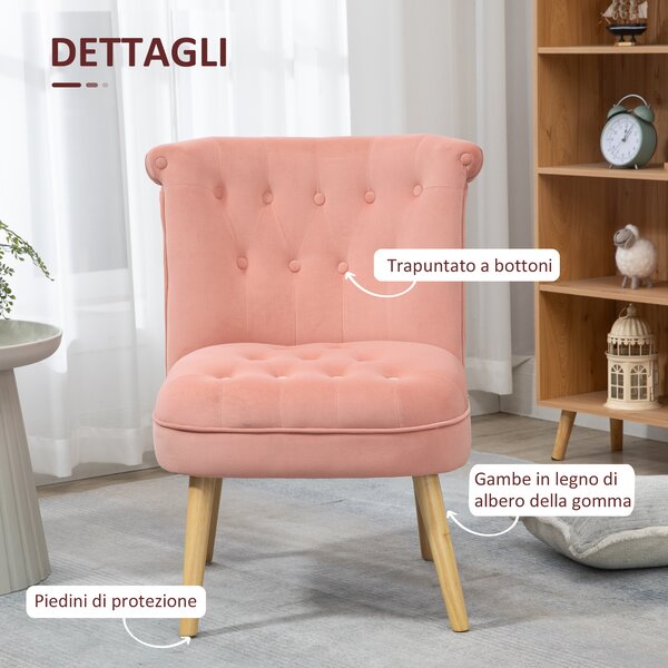 HOMCOM Sedia Moderna per Soggiorno, Camera da Letto e Sala da Pranzo con Seduta Imbottita, Gambe in Legno e Tessuto Vellutato, 60x66x79 cm, Rosa