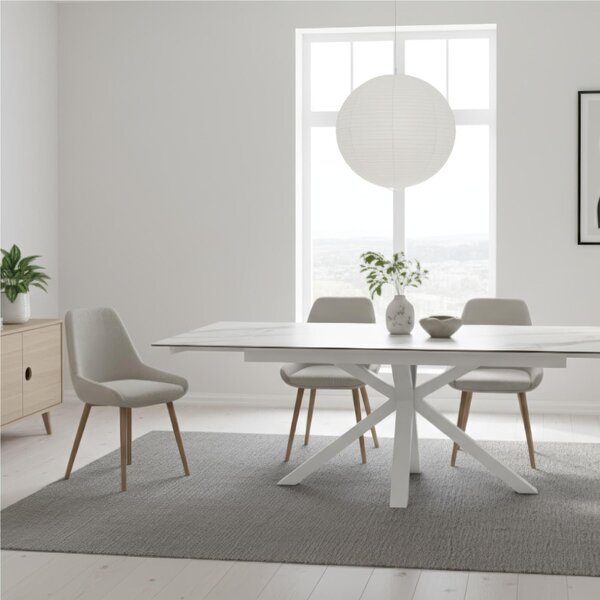 Tavolo Allungabile, Top in ceramica (5 mm) su vetro temperato (8 mm), CERAMICA Dimensioni 90x160 Max 240 x h 76 cm, peso kg 120 Fino a 10 persone colore marmo bianco lucido