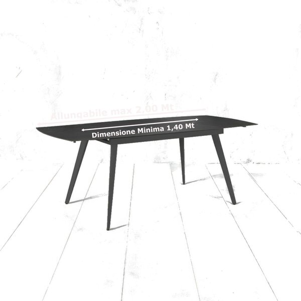 Tavolo Allungabile, Top in ceramica con sotto vetro Temperato Gambe in Metallo Nero, NICOLAS Dimensioni 90x140 Max 200 x h 76 cm, peso kg 72 Fino a 8 persone colore marmo nero