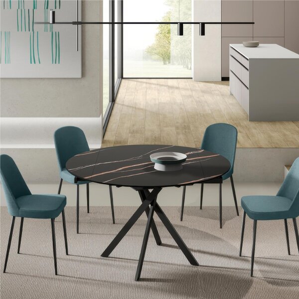 Tavolo Rotondo in Top in ceramica (sinthered stone) , Struttura in Metallo ROLL Diametro 120 x80 Max 120x h76 cm-Peso 60 kg Fino a 6 persone colore marmo portoro nero