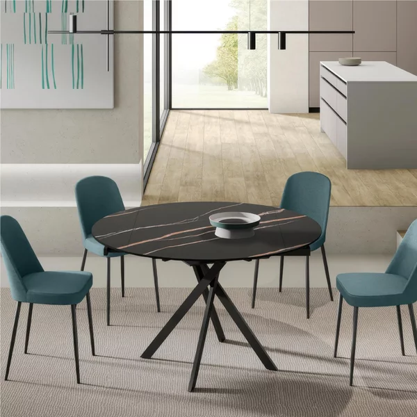 Tavolo Rotondo in Top in ceramica (sinthered stone) , Struttura in Metallo ROLL Diametro 120 x80 Max 120x h76 cm-Peso 60 kg Fino a 6 persone colore marmo portoro nero