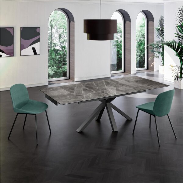 Tavolo Allungabile, Top in ceramica (5 mm) su vetro temperato (8 mm), CERAMICA Dimensioni 90x160 Max 240 x h 76 cm, peso kg 120 Fino a 10 persone colore ceramica marmo antracite lucido