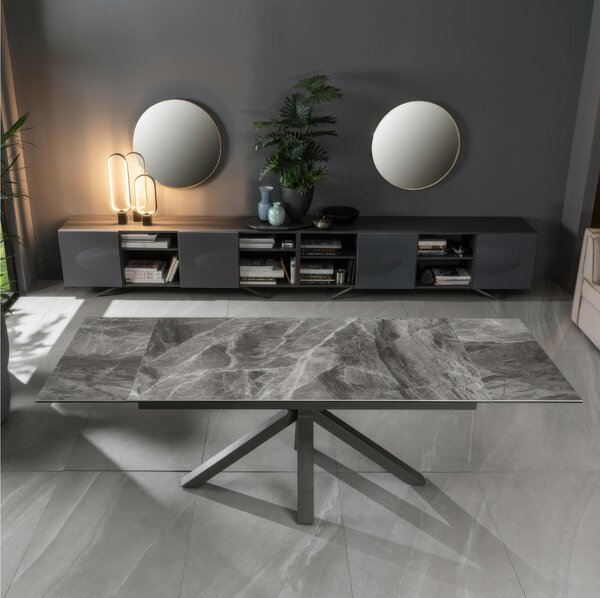 Tavolo Allungabile, Top in ceramica (5 mm) su vetro temperato (8 mm), CERAMICA Dimensioni 90x160 Max 240 x h 76 cm, peso kg 120 Fino a 10 persone colore ceramica marmo antracite lucido
