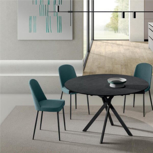 Tavolo Rotondo in Top in ceramica (sinthered stone) , Struttura in Metallo ROLL Diametro 120 x80 Max 120x h76 cm-Peso 60 kg Fino a 6 persone colore cemento grigio scuro