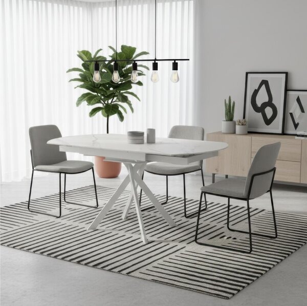 Tavolo Rotondo in Top in ceramica (sinthered stone) , Struttura in Metallo ROLL Diametro 120 x80 Max 120x h76 cm-Peso 60 kg Fino a 6 persone colore marmo calacatta bianco