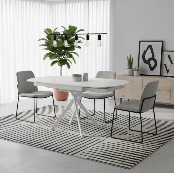 Tavolo Rotondo in Top in ceramica (sinthered stone) , Struttura in Metallo ROLL Diametro 120 x80 Max 120x h76 cm-Peso 60 kg Fino a 6 persone colore marmo calacatta bianco