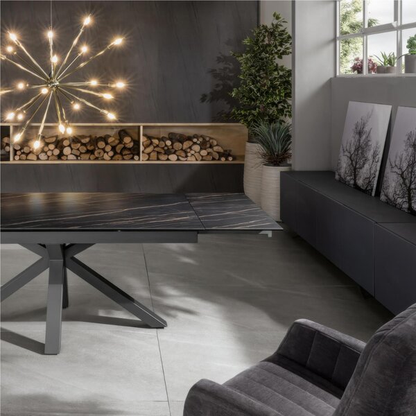 Tavolo Allungabile, Top in ceramica (5 mm) su vetro temperato (8 mm), CERAMICA Dimensioni 90x160 Max 240 x h 76 cm, peso kg 120 Fino a 10 persone colore ceramica portoro opaca