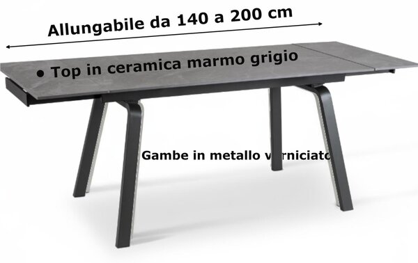 Tavolo Allungabile, Top in ceramica ceramica marmo bianco, DYLAND Dimensioni 80x140 Max 200 x h 76 cm, peso kg 65 Fino a 8 persone colore ceramica marmo grigio