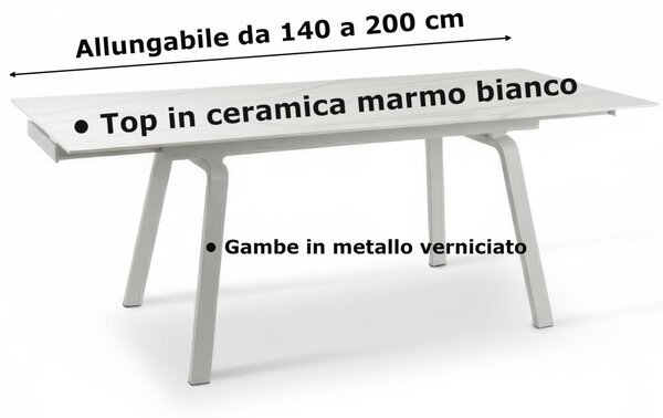 Tavolo Allungabile, Top in ceramica ceramica marmo bianco, DYLAND Dimensioni 80x140 Max 200 x h 76 cm, peso kg 65 Fino a 8 persone colore marmo bianco